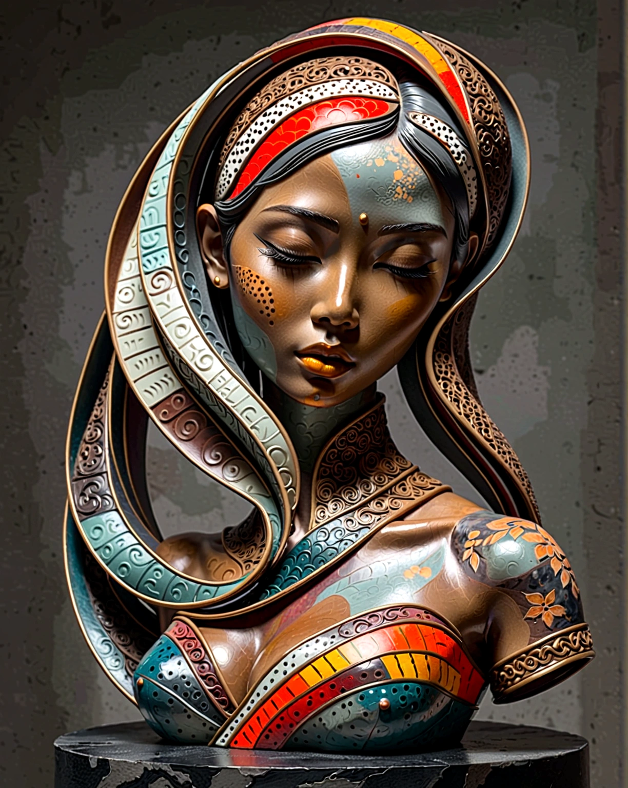 3D sculpture,young asian woman(Thai)half body,abstract art,greatly exaggerated