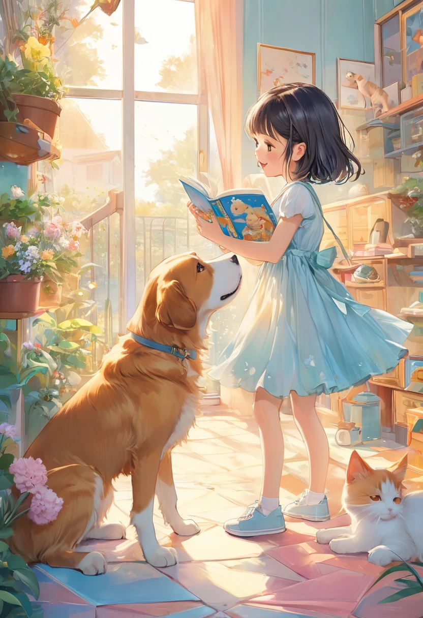 best quality, super fine, 16k, incredibly absurdres, extremely detailed, 2.5D, delicate and dynamic depiction, dog, cat and girl playing together, cute picture book-like illustration style, pastel and vivid color effect