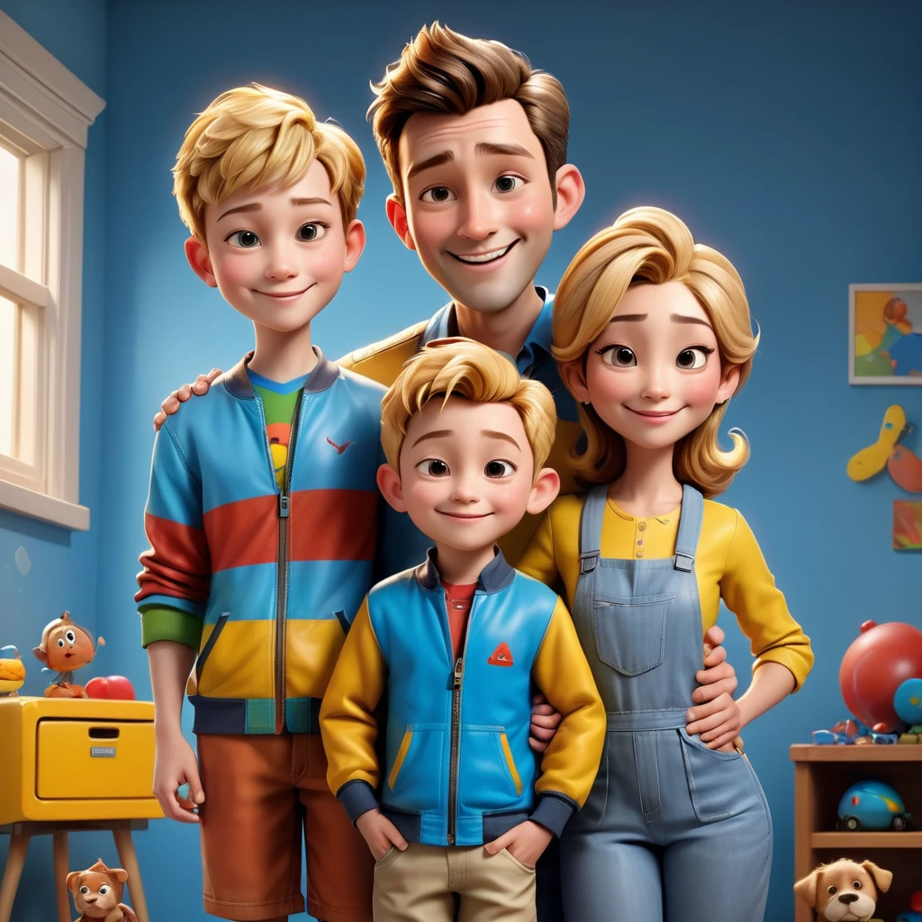 A beautiful 5 year old boy with his beloved mother and father, a realistic full body depiction of the little boy and his mother, bright octane colors that are trending in art stations, a background wall of colors that blend together, the  is wearing sandals and a yellow jacket , mother wears blue negligee and father wears white shirt, beautiful 3d rendering, cute pixar, inspired by Du Qiong, blonde boy, andrew dickson, realistic, 3D, cartoon style, well shaded, smooth, Pixar, Lexica Aperture v.3,5 .