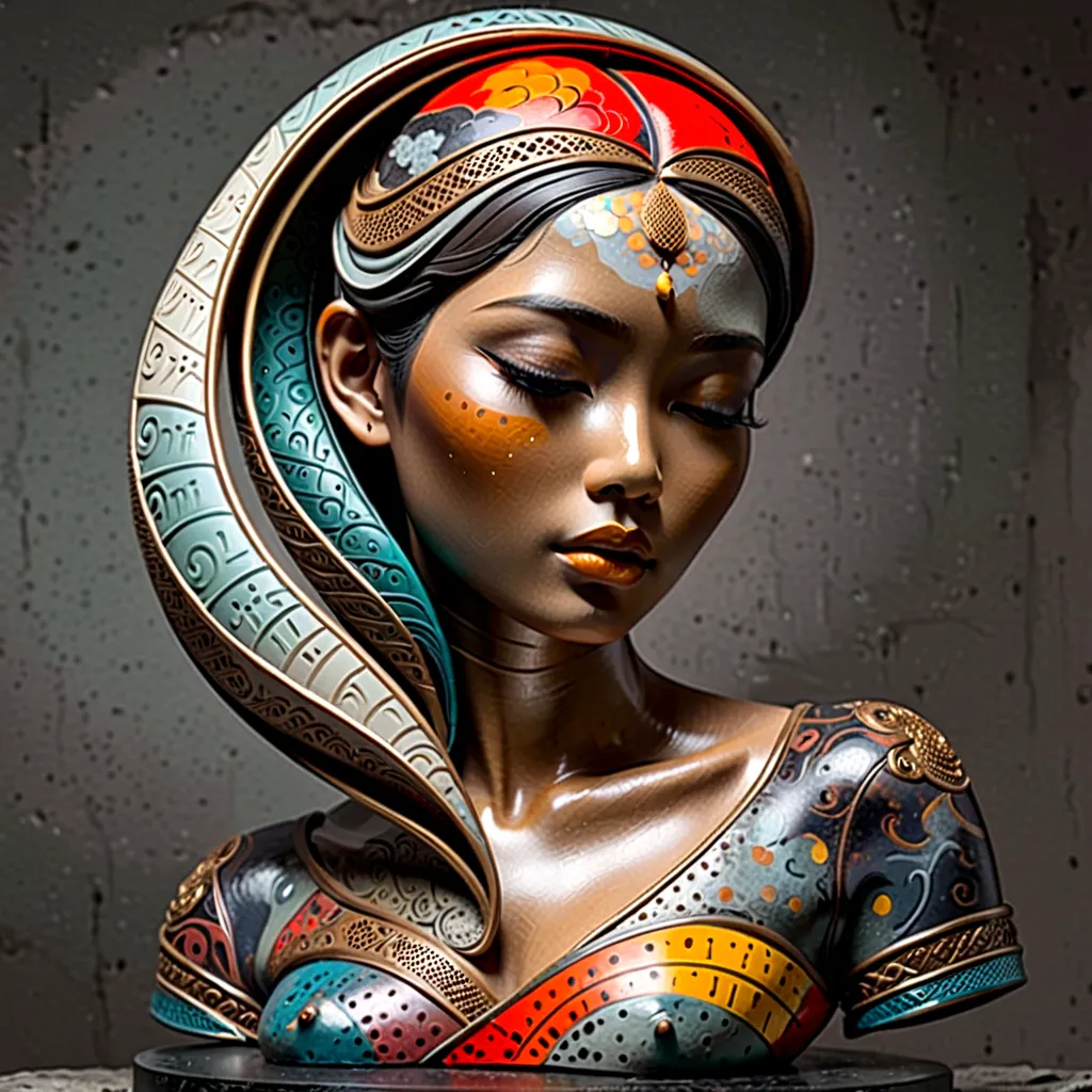 3D sculpture,young asian woman(Thai)half body,abstract art,greatly exaggerated