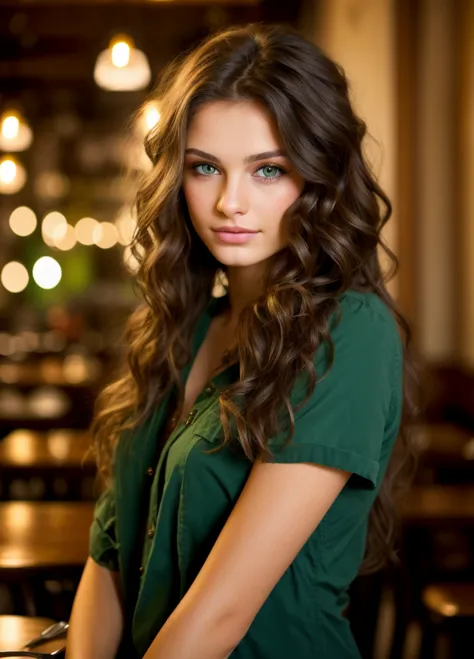 beautiful brunette (in a busy restaurant ), very detailede, 21 ans, visage innocent, natural wavy hair, green eyes, high resolut...