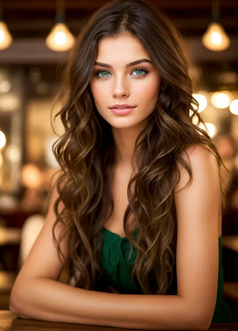 beautiful brunette (in a busy restaurant ), very detailede, 21 ans, visage innocent, natural wavy hair, green eyes, high resolut...