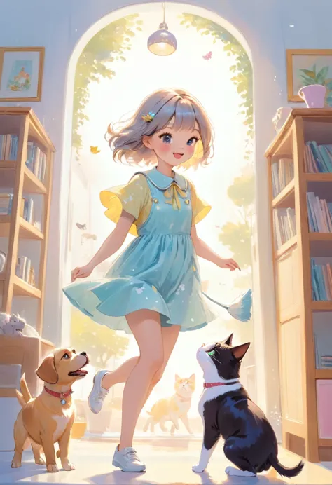 best quality, super fine, 16k, incredibly absurdres, extremely detailed, 2.5D, delicate and dynamic depiction, dog, cat and girl...