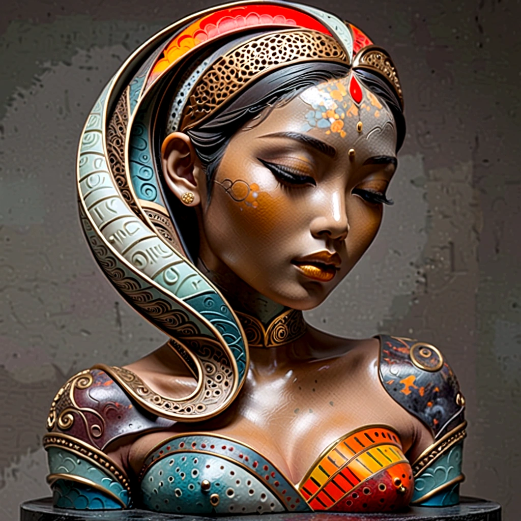 3D彫刻,若いアジア人女性(タイ語)半身,抽象芸術,非常に誇張された