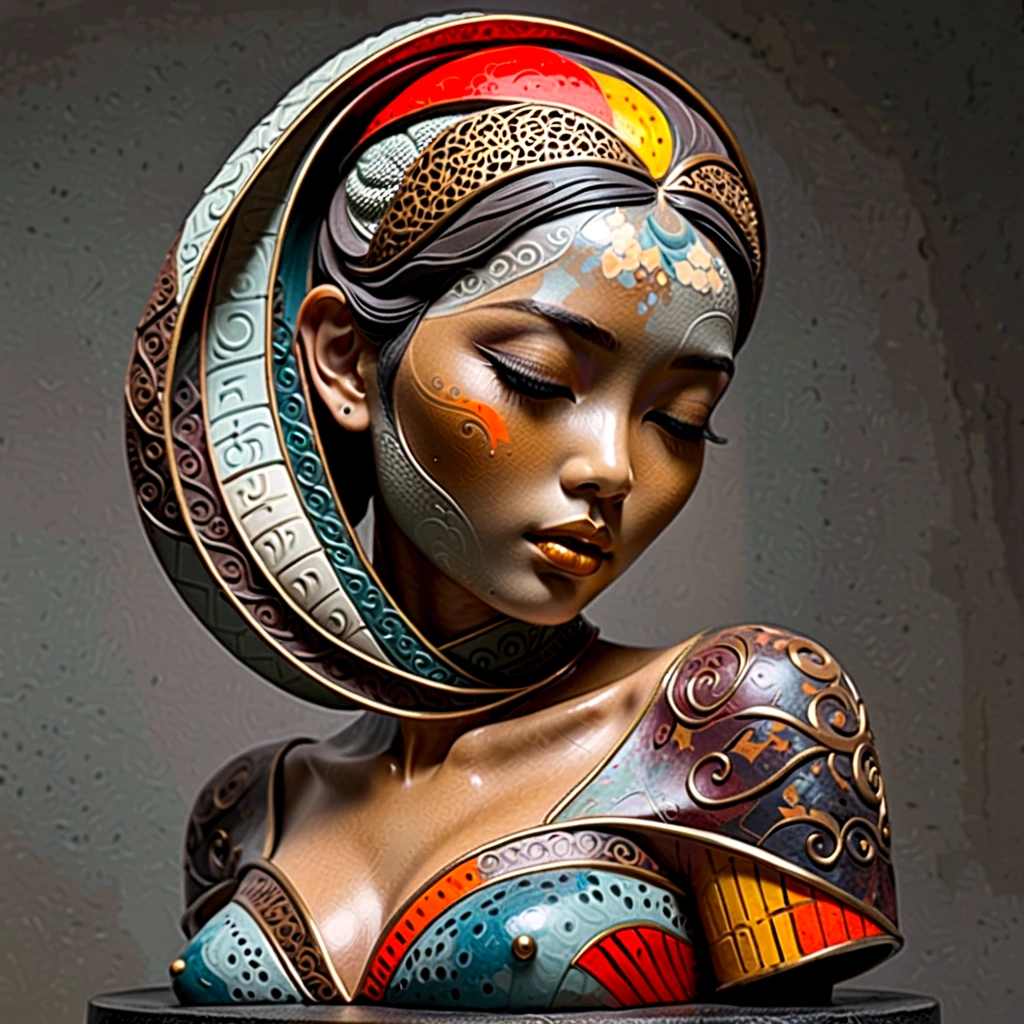 3D-Skulptur,Junge asiatische Frau(Thai)Halber Körper,abstrakte Kunst,stark übertrieben