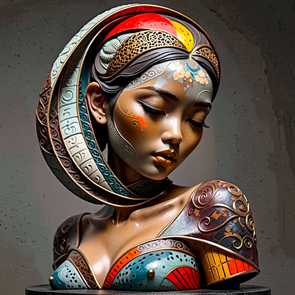 3D sculpture,young asian woman(Thai)half body,abstract art,greatly exaggerated
