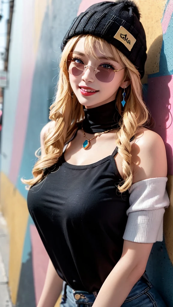 1 Girl，Sexy Mature，Long blonde hair，very long, Long Hair，blue eyes，Highly detailed face，Fine grain，Wearing a colorful brimless beanie hat，Big Breasts，Stylishly dressed，Black T-shirt，Statement Earrings、jewelry，Wear sunglasses，Full of smiles，Upper Body Shot，background：Colorful rainbow wall，nice，