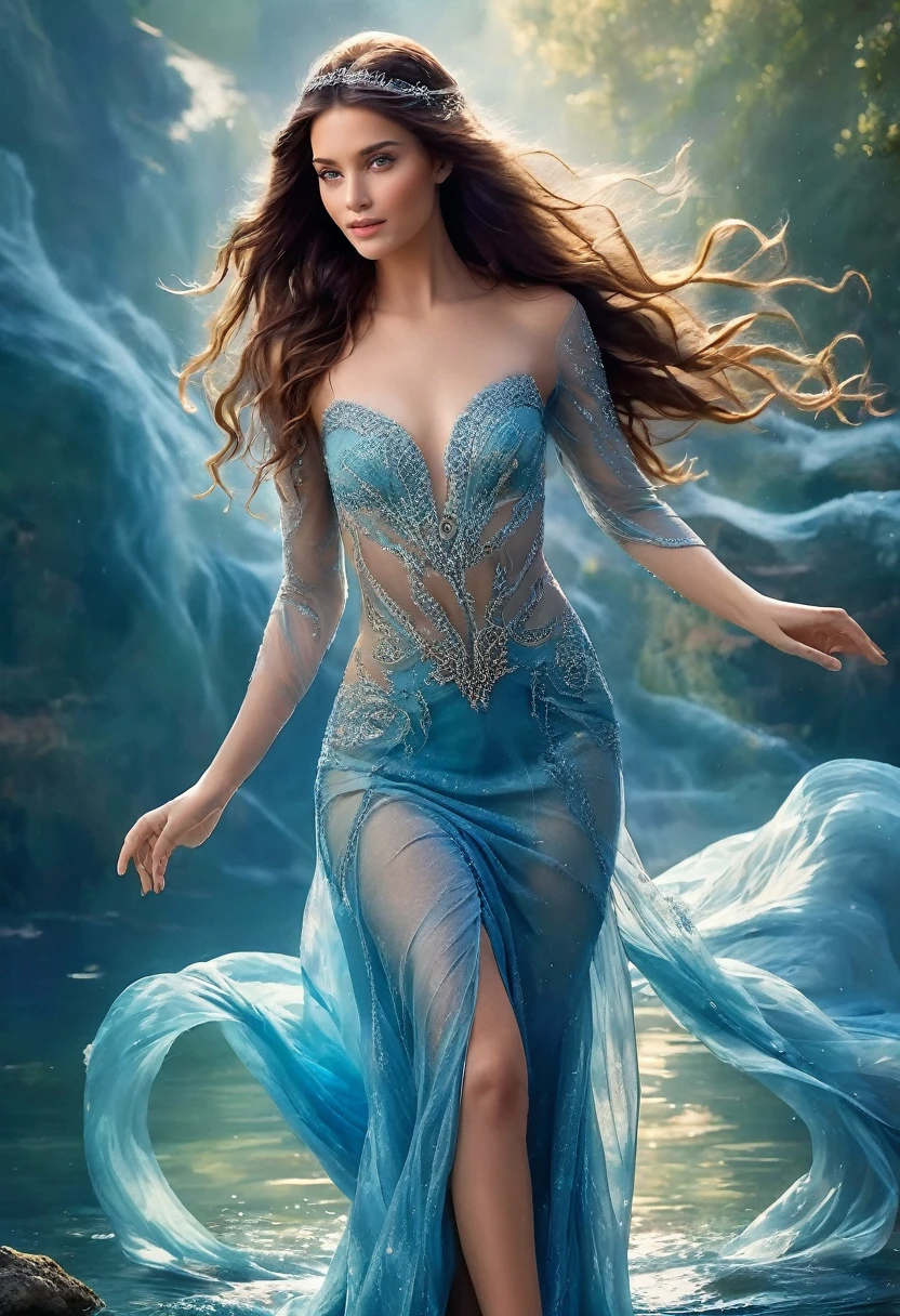 beautfull woman, dynamic pose, Smooth Movement, (water, nude, stream of water, controlling water:1.2), subtle smile, fully body, thin abs ,face ultra-detailed, detailedeyes, shining skin, Glossy Lips , brow, bushy eyebrows, detailed backgrounds, shades of blue, ethereal atmosphere, , (offcial art, Unity 8k papel de parede, ultra detaild, Beautiful and Aesthetic, master part ,best qualityer:1.3)