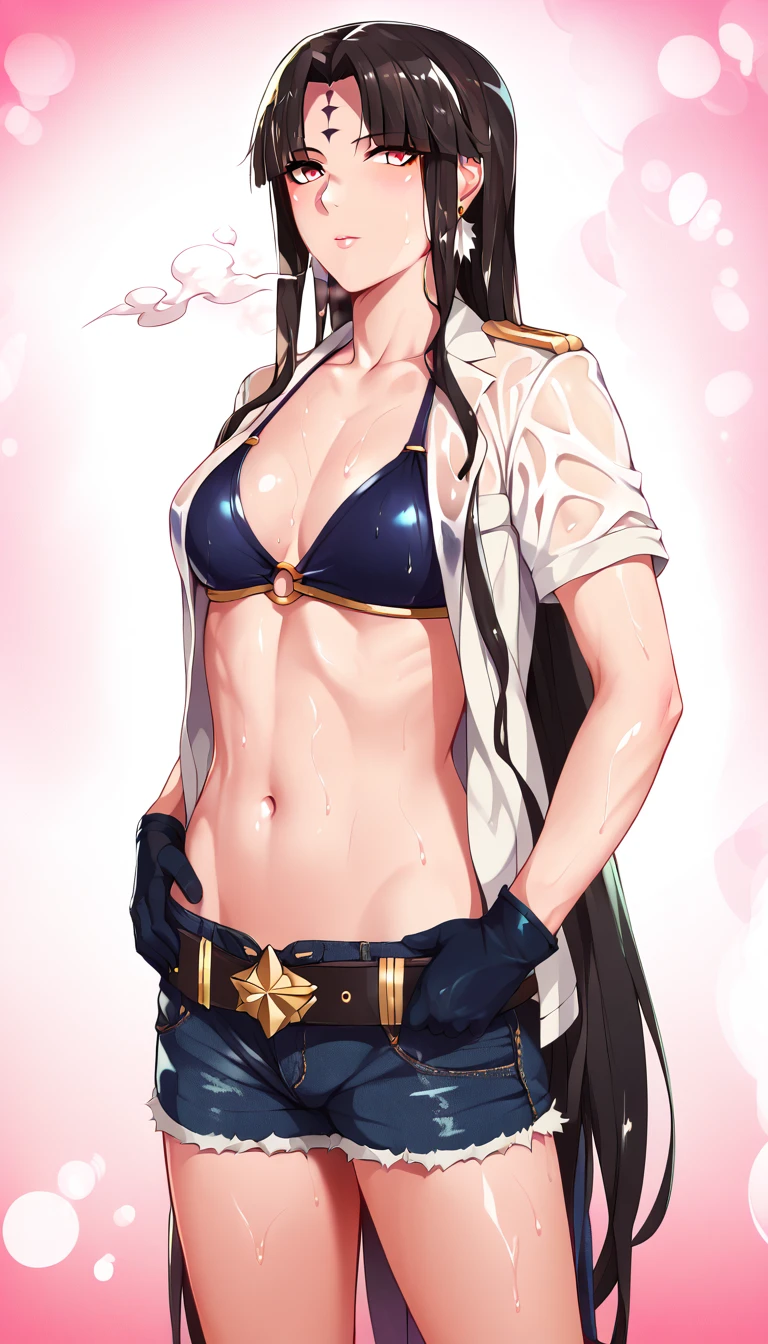 score_9, score_8_up, score_7_up, score_6_up, uncensored, Michiko_Tanaka, absurdly long hair, golden eyes, black hair, very long hair, parted bangs, forehead mark, lips, shiny skin, sweating, wet, wet hair, steaming body, heavy breathing, (small breasts:1.3), BREAK (masterpiece:1.2), best quality, high resolution, unity 8k wallpaper, (illustration:0.8), (detailed eyes:1.3), perfect lighting, extremely detailed CG, (perfect hands, perfect anatomy), 1girl, breasts, navel, solo, shorts, gloves, cloud, flower, belt, looking_at_viewer, cutoffs, earrings, jewelry, short_shorts, jacket, collarbone, smoke, black_gloves, cleavage, outdoors, stomach, standing, swimsuit, 