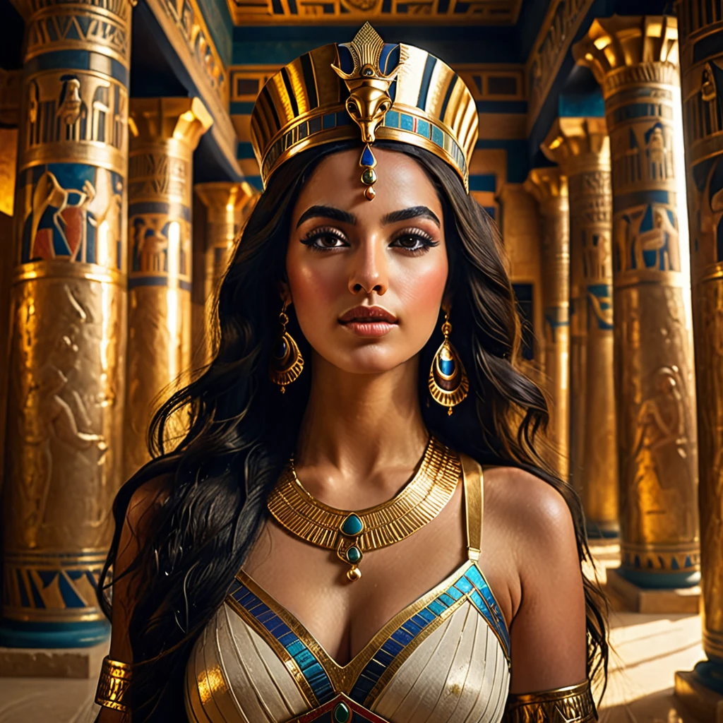 a beautiful woman with long dark hair, detailed face, deep eyes, full lips, wearing a golden crown, in a lavish ancient Egyptian palace interior, dramatic lighting, ornate columns, rich fabrics, (best quality,4k,8k,highres,masterpiece:1.2),ultra-detailed,(realistic,photorealistic,photo-realistic:1.37),intricate details,cinematic lighting,chiaroscuro,dramatic shadows,warm color palette,dramatic poses,beautiful egyptian queen,regal,elegant,majestic