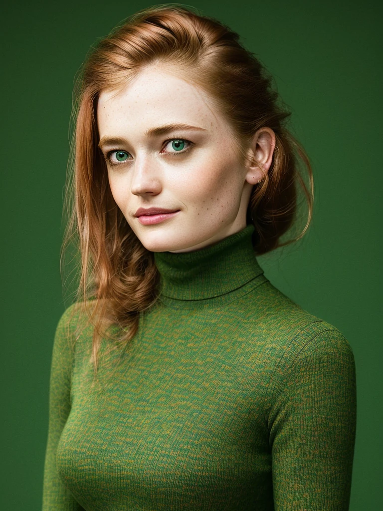 A stunning intricate full color portrait of (sks woman:1), wearing a green turtleneck see through ruflet, epic character composition, by ilya kuvshinov, alessio albi, SADIE SINK, smiling and look to the side, sharp focus, natural lighting, subsurface scattering, f2, 35mm, film grain, cleavage orange bra lace