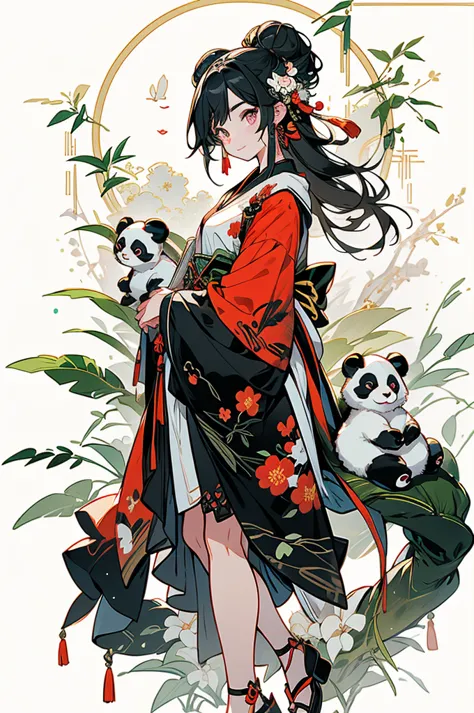 white backgrounid，Under bamboo leaves, (The panda sits on a branch)，pandas，（1Blittle girl：1.5，The upper part of the body，looking...