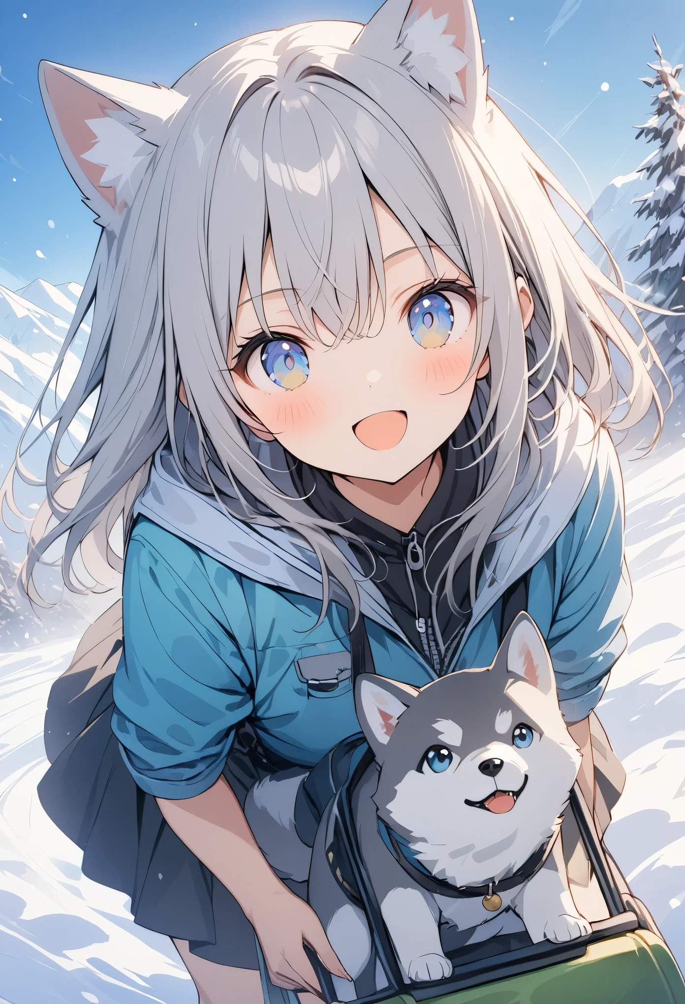 超High resolution, Attention to detail, high quality, High resolution, 最high quality, 4K, 8K, Awards、Absurd、Snow Mountain、Husky dog、Girl Dog Sledding、There is a snowstorm and visibility is poor.、Girl pulling a sled hard、Front view angle、A work with a positive vibe