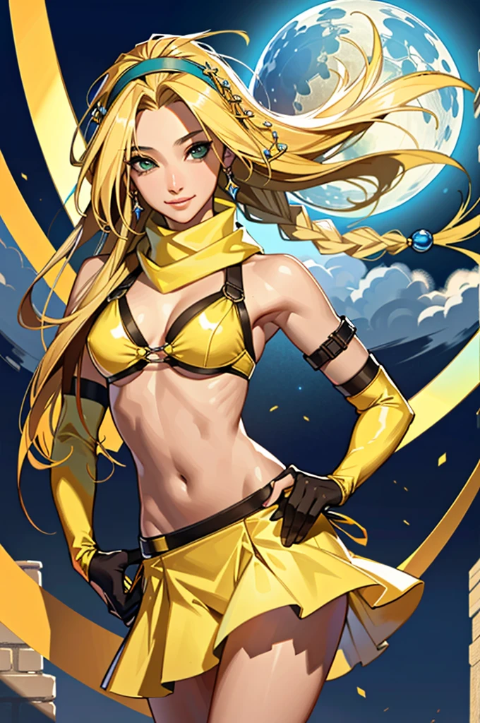 (masterpiece, highest quality:1.3)
backpack FF10,  1 girl, alone, long hair, chest, skirt, blonde hair, hair ornaments, gloves, belly button, green eyes, swimsuit, Braid, bikini, removed sleeve, miniskirt, fingerless gloves, scarf, head band, bird, bikini top only, @_@, yellow bikini, blue head band,super high quality,super high quality,masterpiece,digital single lens reflex,realistic,Detailed details,vivid details,depicted in detail,detailed face,Detailed details,Super detailed,realistic skin texture,based on anatomical basis,perfect anatomy,anatomically correct hand,anatomically correct fingers,Complex 3D rendering,sexy pose,beautiful yellow tulip field,Final Fantasy Worldview,Fantastic night view,fantastic night sky,beauty like a painting,smile,bewitching beauty,phantom river,