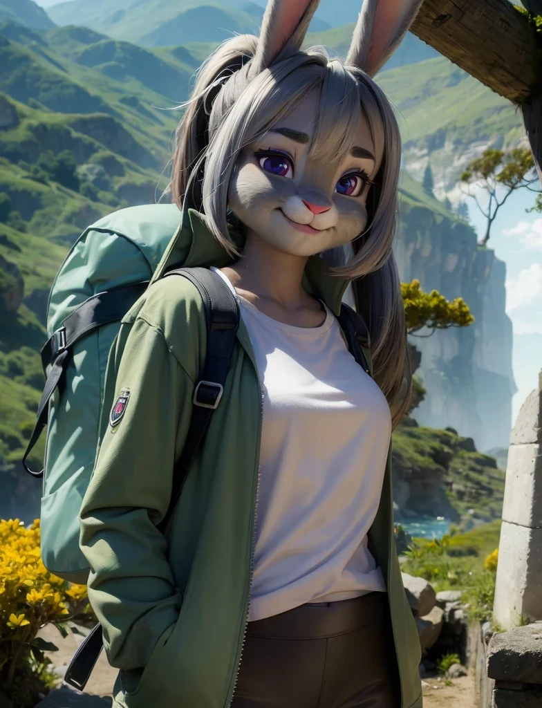 Highest quality,
masterpiece,
Ultra-realistic,
Super detailed,
Beautiful details,
4K，8K，upper,
pixar,
Photo realistic,
Medium Shot,
Background is ((Magnificent mountain)),
Realistic lighting,
hiking woman, 

((Anthropomorphic rabbit)),
Detailed animals,
Complex patterns,
(Furry:1.35),
(All skin is grey:1.3),
(The body is fluffy and bushy:1.1),
Realistic fur,

Human hand,

(Judy Hopps face:1.35),
((ponytail hair)),
((side part bangs)), bangs,
((dark gray hair color)),
Purple eyes,
{Eye highlights, Clear eyes, Eyes sparkling, Large, round pupils},
Detailed Iris, 
(Eyebrows raised:1.2),
(Crescent eyebrows:1.3),
(Bunny ears:1.3),
Smiling happily,
raised corners of mouth,

The woman is wearing T-shirt over the check shirt and shorts,
((White T-shirt)) BREAK ((gingham check shirt)) BREAK ((wine red Trekking Shorts)),
carry a backpack, rucksack,

(alone:1.5),
(1 Female:1.5),
Only 1 character,
Perfect Anatomy,

Lighting forward,
Lighting front,
sunlight, 
Intricate details, 
Ray Tracing, 
Realistic, 