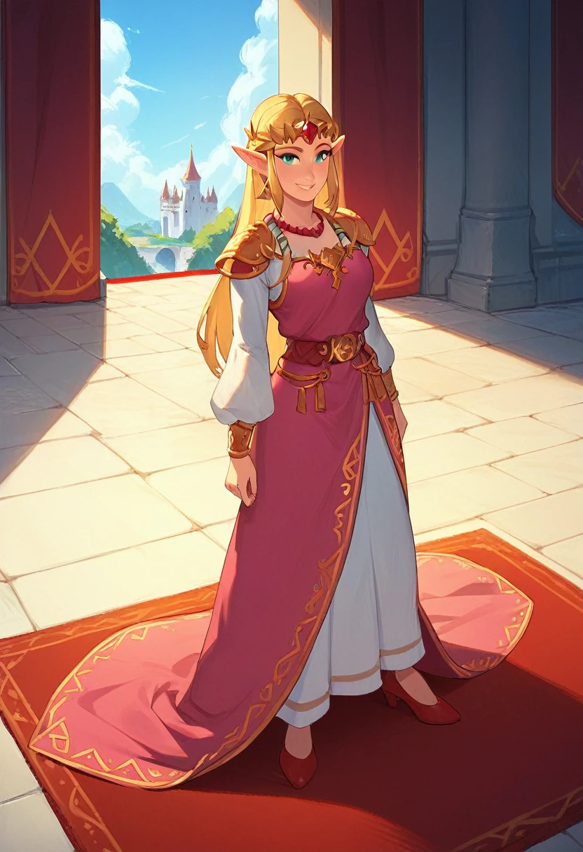 Princess Zelda, in a gorgeous castle, standing gracefully, ((red carpet on the floor)), soft smile