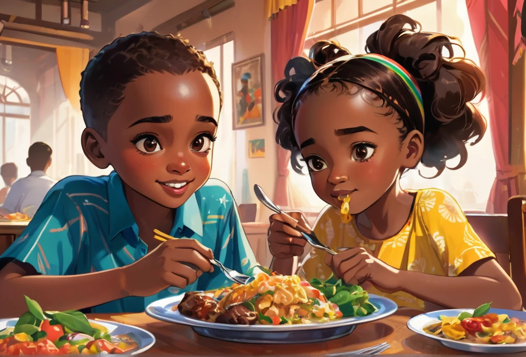 Ein Junge und ein Mädchen von , (AFRIKANISCH) Essen am Esstisch (Meisterwerk beste Qualität:1.2) zarte Illustration ultra-detailliert,  (Disney-bezogene Veranstaltung) Innenbereich, (Klassenzimmer),  detaillierter Hintergrund, Illustrationen, Hell, bunt, 