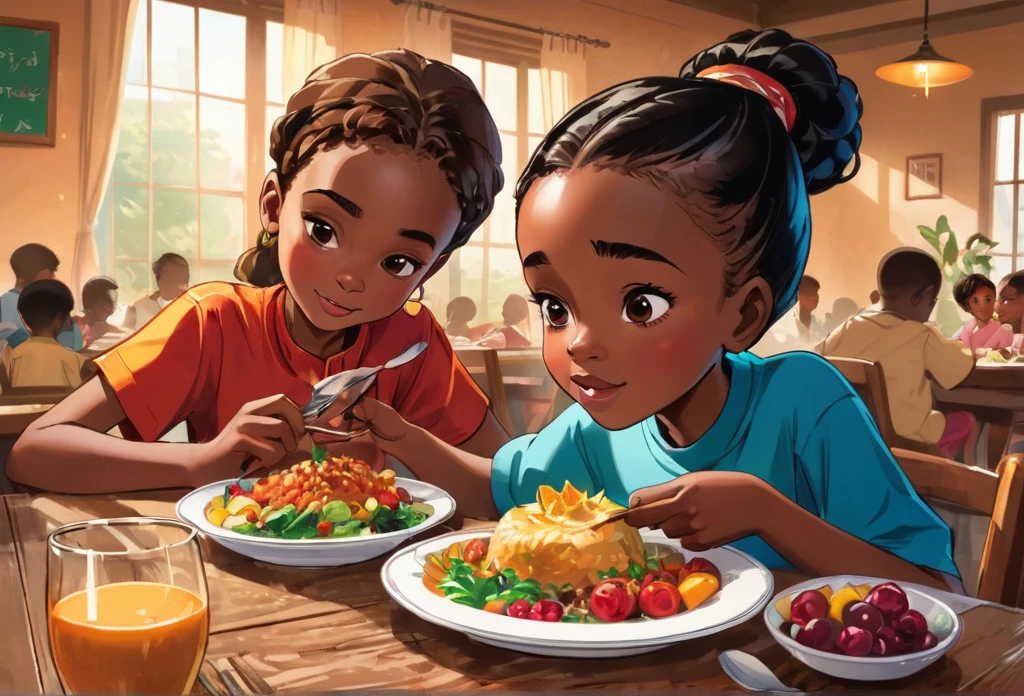 Um menino e uma menina de , (africano) comendo na mesa de jantar (Obra-prima de melhor qualidade:1.2) ilustração delicada ultradetalhada,  (evento relacionado à Disney) interior, (sala de aula),  fundo detalhado, ilustrações, brilhante, colorida, 