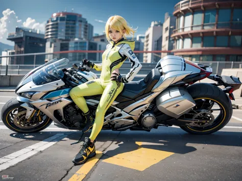 thunder backdrop, thunder ranger, loli face, small breast, tight suit, speedy thunder, alien weapons , yellow hair