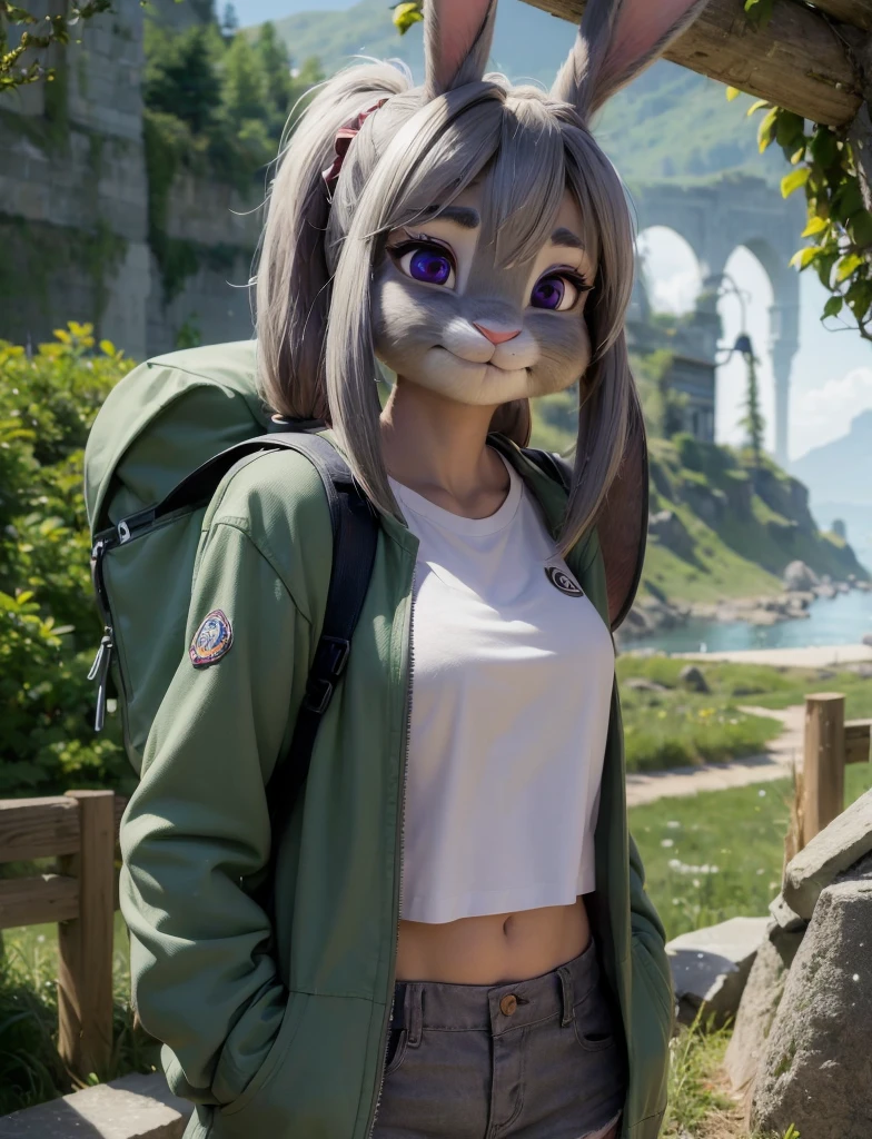 Highest quality,
masterpiece,
Ultra-realistic,
Super detailed,
Beautiful details,
4K，8K，upper,
pixar,
Photo realistic,
Medium Shot,
Background is ((Magnificent mountain)),
Realistic lighting,
hiking woman, 

((Anthropomorphic rabbit)),
Detailed animals,
Complex patterns,
(Furry:1.35),
(All skin is grey:1.3),
(The body is fluffy and bushy:1.3),
Realistic fur,

Human hand,

(Judy Hopps face:1.35),
((ponytail hair)),
((side part bangs)), bangs,
((dark gray hair color)),
Purple eyes,
{Eye highlights, Clear eyes, Eyes sparkling, Large, round pupils},
Detailed Iris, 
(Eyebrows raised:1.2),
(Crescent eyebrows:1.3),
(Bunny ears:1.3),
Smiling happily,
raised corners of mouth,

The woman is wearing T-shirt over the check shirt and shorts,
((White T-shirt)) BREAK ((gingham check shirt)) BREAK ((wine red Trekking Shorts)),
carry a backpack, rucksack,

(alone:1.5),
(1 Female:1.5),
Only 1 character,
Perfect Anatomy,

Lighting forward,
Lighting front,
sunlight, 
Intricate details, 
Ray Tracing, 
Realistic, 