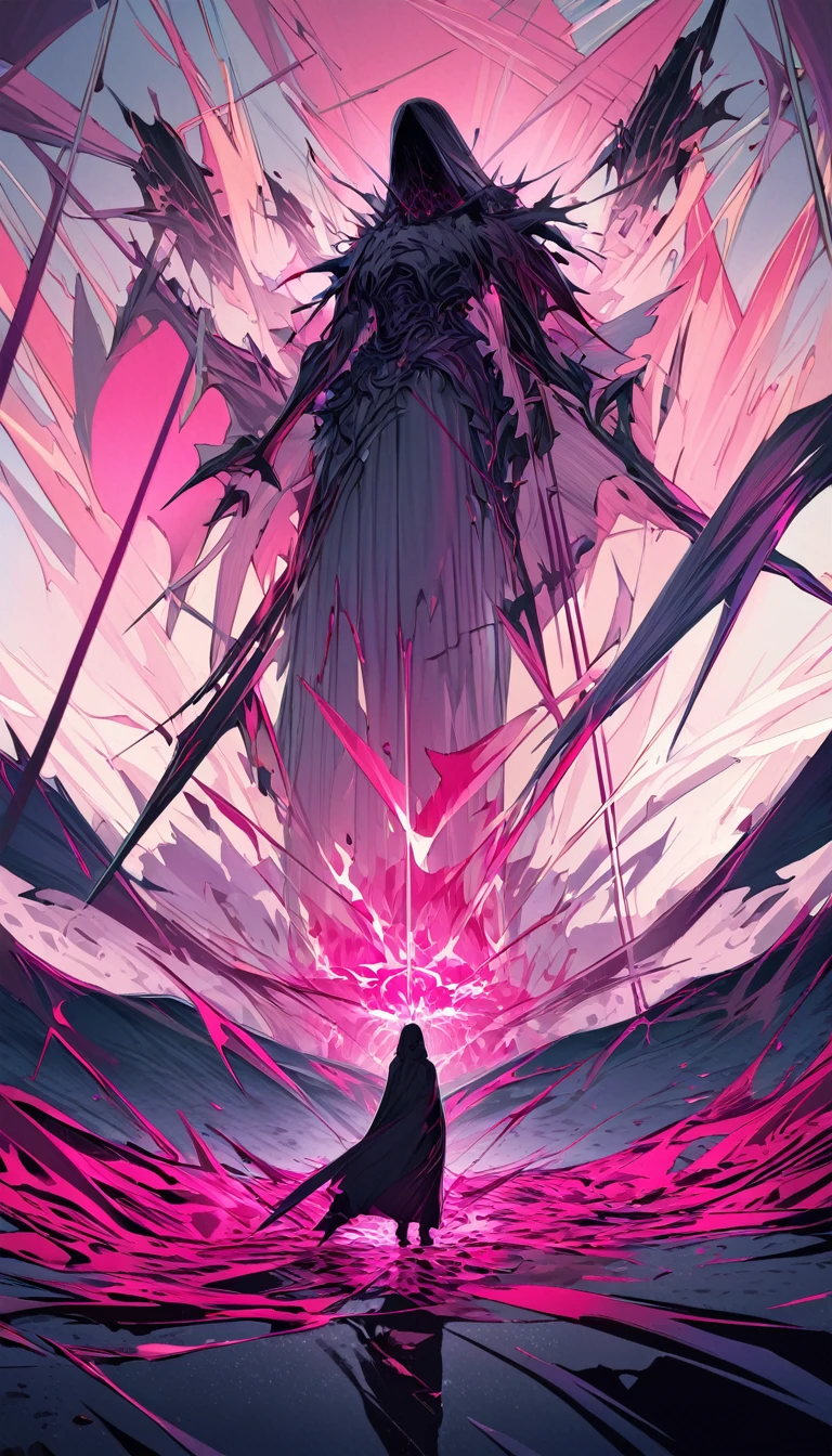 best quality, super fine, 16k, incredibly absurdres, extremely detailed, 2.5D, delicate and dynamic depiction, dark world, hot pink lines, purple lines, red lines, other world, other space, dark dark fantasy, scary effects