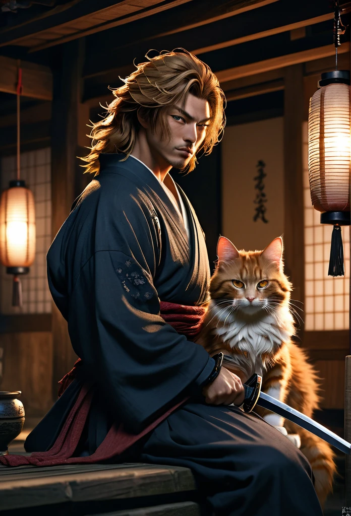 A Rogue samurai [Himura Kenshin:Takeru Satoh:0.1], detailed face, detailed hair, with a content face, sharpens his katana sword, beside him is big ginger mainecoon cat with beautiful fur, watch him with full caution, they both in a traditional Edo Era peasant house, insanely intricate detailed scene background, night lighting with lampions and torch, realistic style, best quality, masterpiece, ultrasharp focus, ultrahigh resolution, 8k, Midjourney 6 Aesthetic