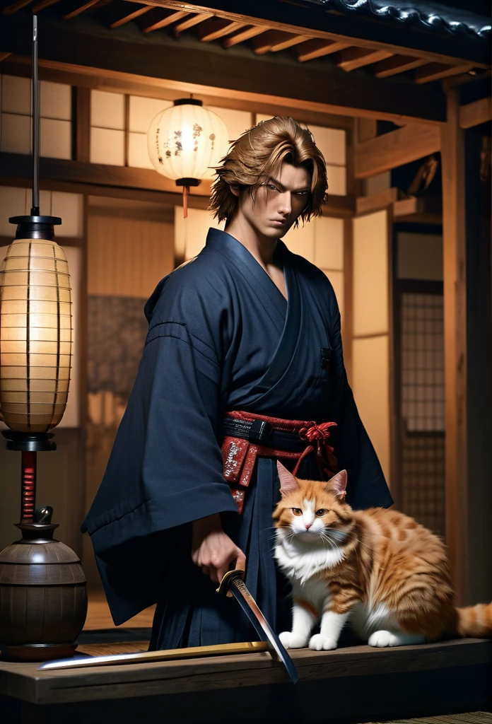 A Rogue samurai [Himura Kenshin:Takeru Satoh:0.1], detailed face, detailed hair, with a content face, sharpens his katana sword, beside him is big ginger mainecoon cat with beautiful fur, watch him with full caution, they both in a traditional Edo Era peasant house, insanely intricate detailed scene background, night lighting with lampions and torch, realistic style, best quality, masterpiece, ultrasharp focus, ultrahigh resolution, 8k, Midjourney 6 Aesthetic