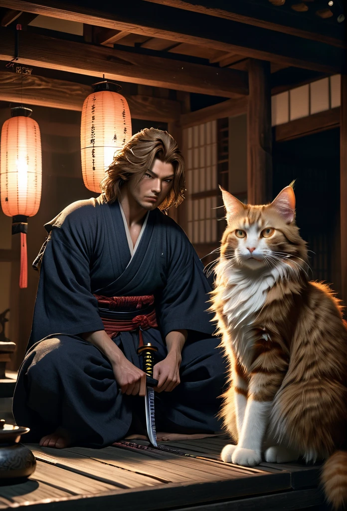 A Rogue samurai [Himura Kenshin:Takeru Satoh:0.1], detailed face, detailed hair, with a content face, sharpens his katana sword, beside him is big ginger mainecoon cat with beautiful fur, watch him with full caution, they both in a traditional Edo Era peasant house, insanely intricate detailed scene background, night lighting with lampions and torch, realistic style, best quality, masterpiece, ultrasharp focus, ultrahigh resolution, 8k, Midjourney 6 Aesthetic