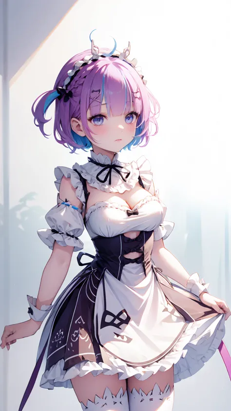 aaaqua, twintails, drill hair, maid headdress, cleavage, short sleeves, wrist cuffs,aarem, short hair, maid headdress, x hair or...