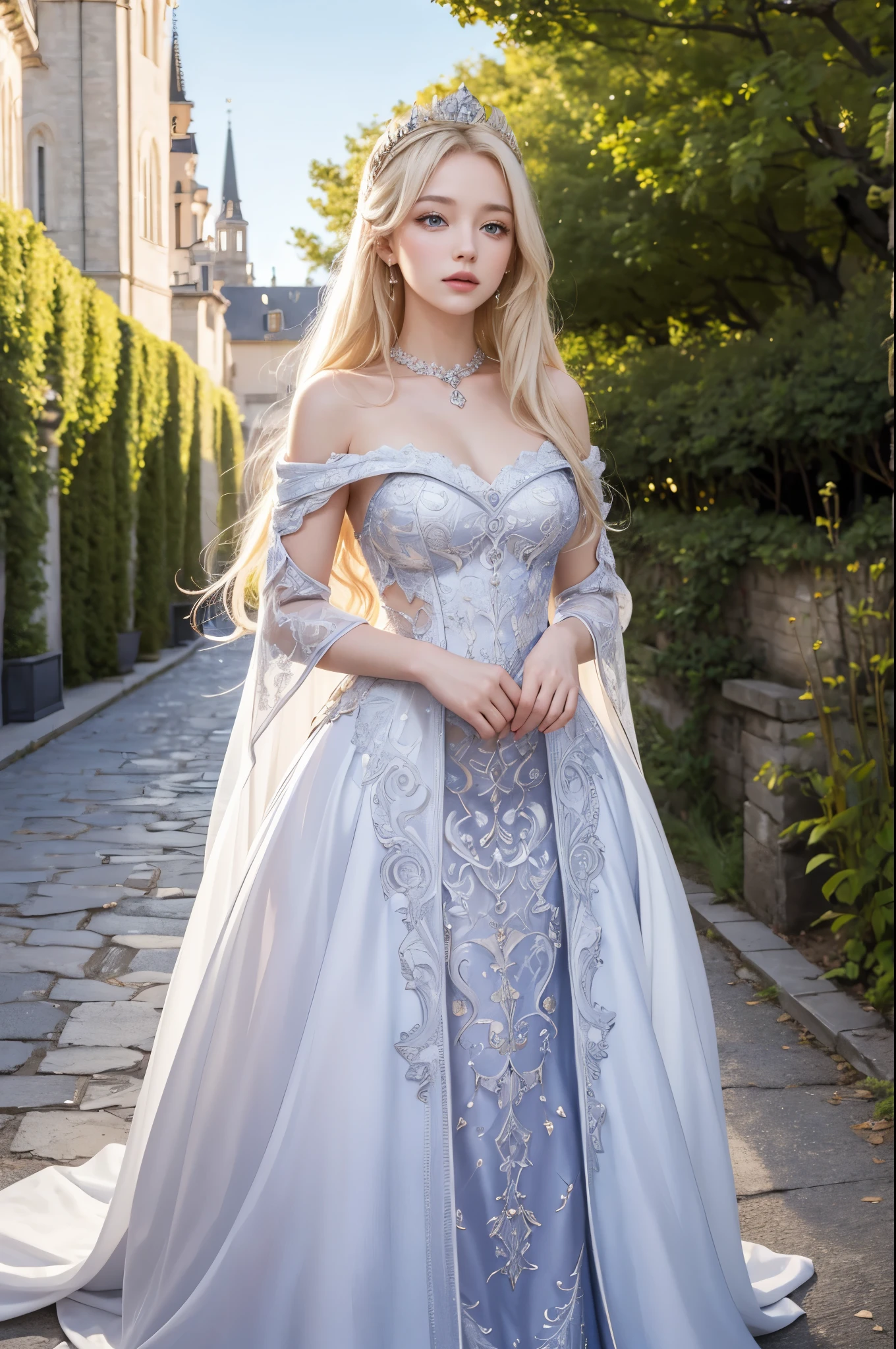 Meisterwerk, highres, Hochdetailliert,  komplizierte Details, Tiefenschärfe, 1 Mädchen, Königin, Königskrone, Krönungskleid, Königin dress, Abendkleid, Outdoor-Hintergrund. Der Hintergrund ist ein luxuriöses Schloss, Leicht bewölkt, bestes Sonnenlicht. Es gibt 2 lange Blumenbeete neben dem Weg, Königin is standing on the path. Ihr Gesicht ist wunderschön, Schön, zuversichtlich. Sie trägt viel Luxusschmuck. sie hat blaue Augen, platinblondes langes glänzendes Haar. Hinter ihr ist das Schloss.