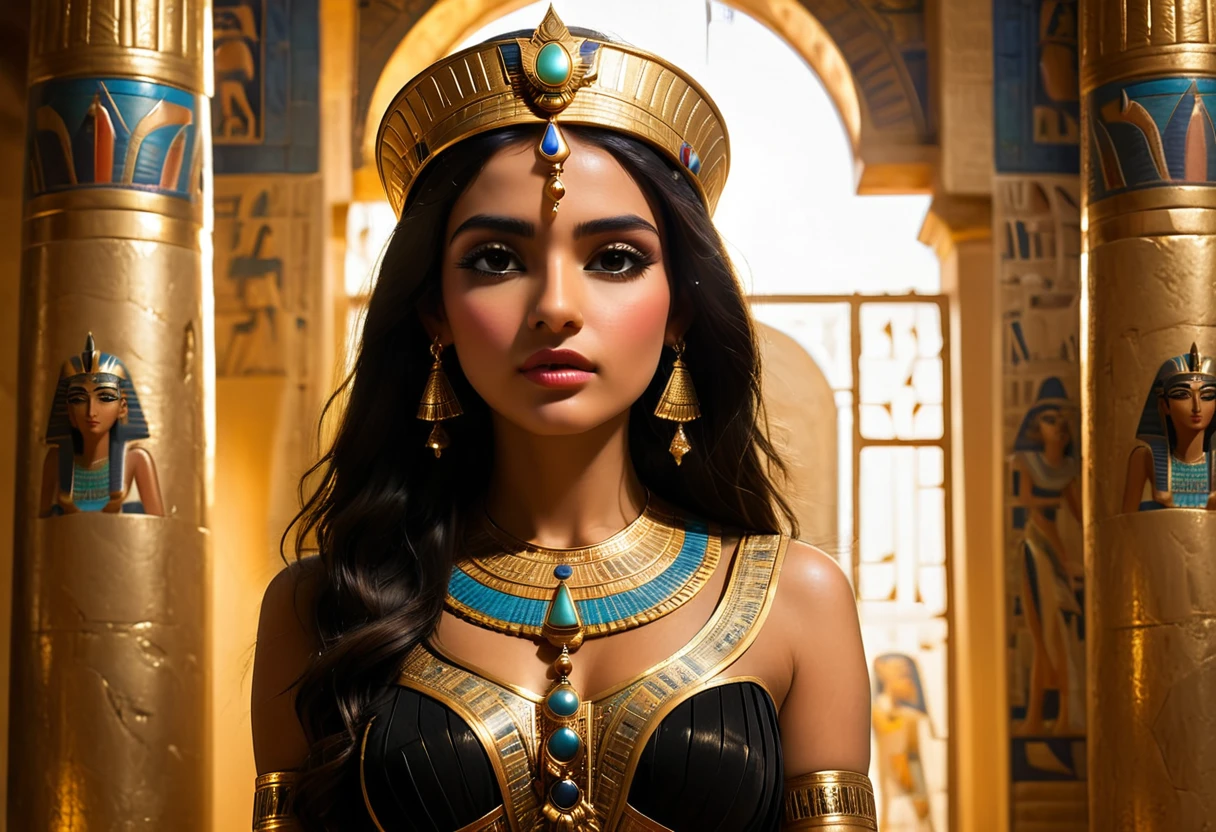 a beautiful woman with long dark hair, detailed face, deep eyes, full lips, wearing a golden crown, in a lavish ancient Egyptian palace interior, dramatic lighting, ornate columns, rich fabrics, (best quality,4k,8k,highres,masterpiece:1.2),ultra-detailed,(realistic,photorealistic,photo-realistic:1.37),intricate details,cinematic lighting,chiaroscuro,dramatic shadows,warm color palette,dramatic poses,beautiful egyptian queen,regal,elegant,majestic, perfect