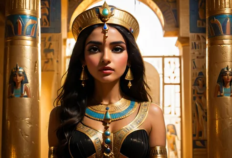 a beautiful woman with long dark hair, detailed face, deep eyes, full lips, wearing a golden crown, in a lavish ancient Egyptian...