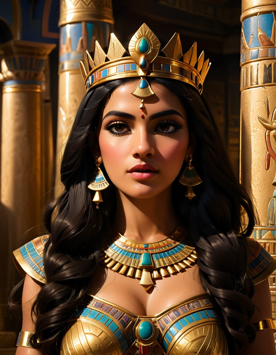 cleopatra, una hermosa mujer con cabello largo y oscuro, cara detallada, ojos profundos, labios llenos, Llevando una corona de oro, en el lujoso interior de un antiguo palacio egipcio, iluminación dramática, columnas adornadas, telas ricas, (mejor calidad,4k,8K,alta resolución,obra maestra:1.2),ultra detallado,(Realista,photoRealista,photo-Realista:1.37),detalles intrincados,iluminación cinematográfica,chiaroscuro,sombras dramáticas,paleta de colores cálidos,poses dramáticas, ángulo bajo,hermosa reina egipcia,regal,elegant,majestuoso