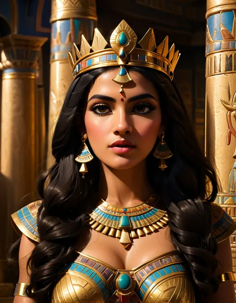 cleopatra, a beautiful woman with long dark hair, detailed face, deep eyes, full lips, wearing a golden crown, in a lavish ancie...