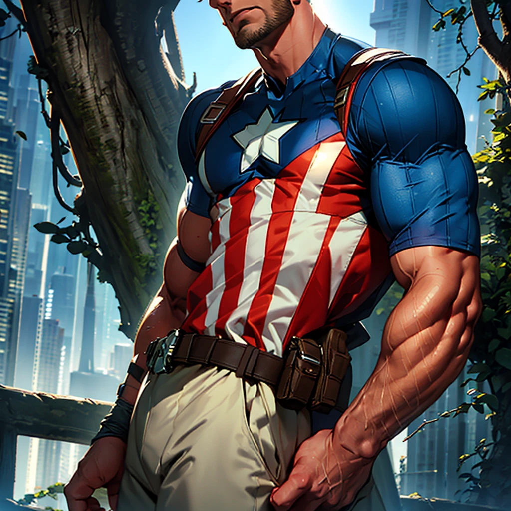 32k , 1 solo man , Captain America wearing his outfit, stands posing, detailed face,  detailed fingers,  detailed muscles,  detailed hands , sketch style, ink scratches, sharp lines, trending on artstation, realistic engine, vivid colors , high resolution, Moonlight highlights his muscles and bulge . The scenery is lush and mysterious, with a dark city in the background and surroundings.front view