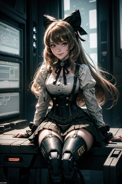 cowboy shot,  smile,  underbust, penny polendina, long hair, neck ribbon, suspender skirt, corset, black bow, white blouse, mech...