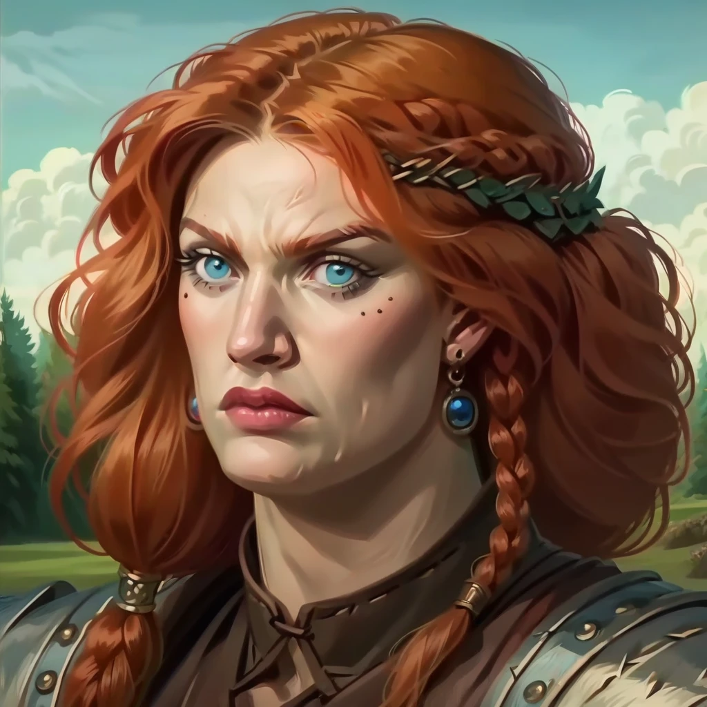 score_9, score_8_up, score_8, (masterpiece, best quality, highly detailed, realistic), source_photo, screencap, portrait of fcorn as a beautiful celtic barbarian warrior woman, barbarian outfit, glowering expression, long straight ginger hair, piercing blue eyes, facing the viewer, very close up, outdoors
 