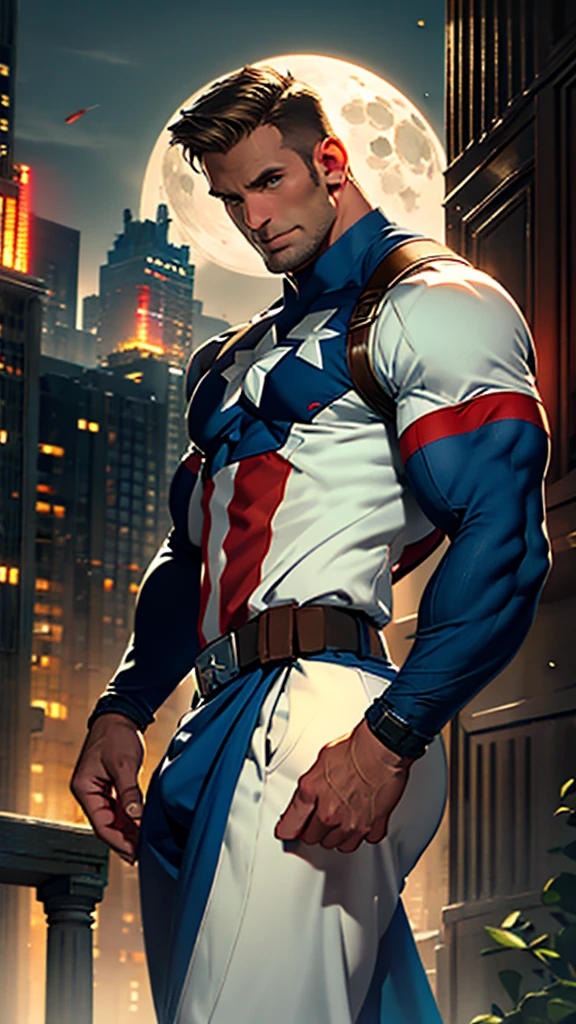 32k , 1 solo man , Captain America wearing his outfit, stands posing, detailed face,  detailed fingers,  detailed muscles,  detailed hands , sketch style, ink scratches, sharp lines, trending on artstation, realistic engine, vivid colors , high resolution, Moonlight highlights his muscles and bulge . The scenery is lush and mysterious, with a dark city in the background and surroundings.full front view