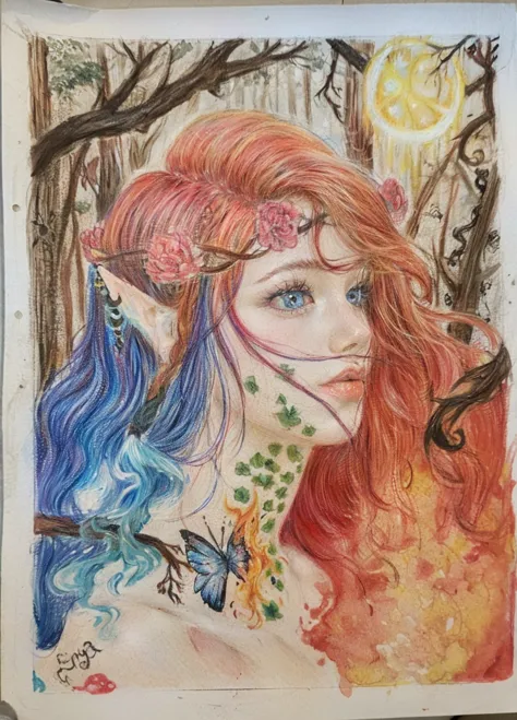 1 girl, in a forest, beautiful red hair, half of the hair is made of water, the other half of the hair is made of fire, magical,...