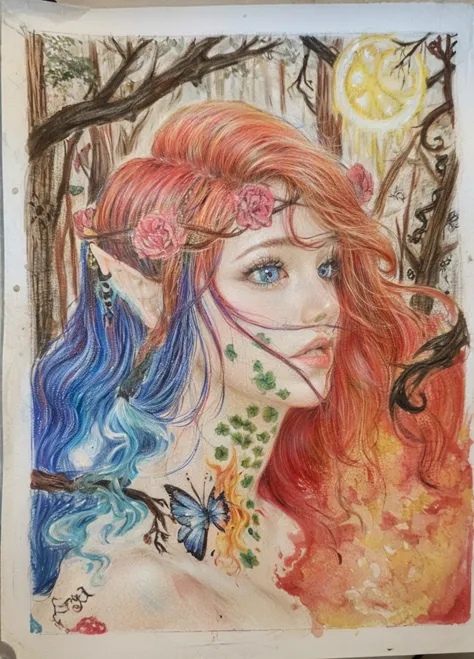 1 girl, in a forest, beautiful red hair, half of the hair is made of water, the other half of the hair is made of fire, magical,...