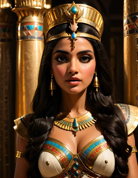 cleopatra, a beautiful woman with long dark hair, detailed face, deep eyes, full lips, wearing a golden crown, in a lavish ancie...