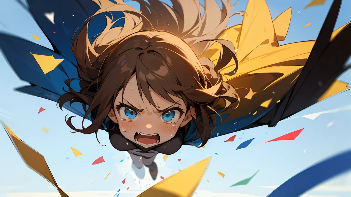 Floatingする女の子,Angry expression，floating，Floating,colorful，Confetti falling，Brown Hair,tears,Feet in the air,Blue sky background,gravity,Swoop