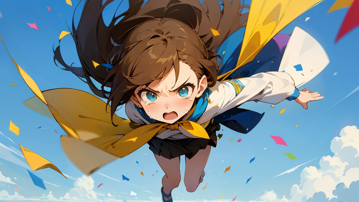 Floatingする女の子,Angry expression，floating，Floating,colorful，Confetti falling，Brown Hair,tears,Feet in the air,Blue sky background,gravity,Swoop