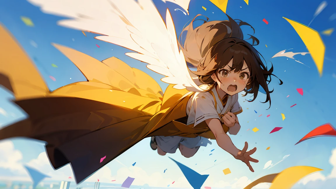 Floatingする女の子,Angry expression，floating，Floating,colorful，Confetti falling，Brown Hair,tears,Feet in the air,Blue sky background,gravity,Swoop