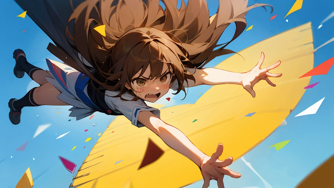 Floatingする女の子,Angry expression，floating，Floating,colorful，Confetti falling，Brown Hair,tears,Feet in the air,Blue sky background,gravity,Swoop