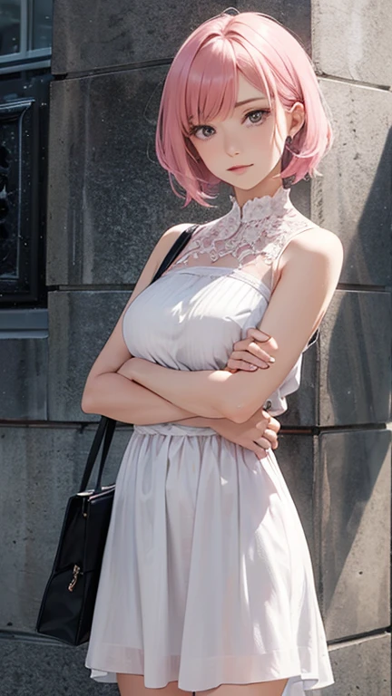 Alcanevi, A woman with medium-short pink hair wearing a white dress, Woman&#39;s face, Unreal Engine Character Art, Portraiture、posing