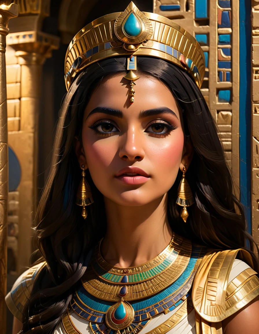 (портрет в половину роста:1.4), низкий угол, Клеопатра, красивая женщина с длинными темными волосами, детальное лицо, глубокие глаза, полные губы, носить золотую корону, в роскошном интерьере древнеегипетского дворца, Драматическое освещение, богато украшенные колонны, богатые ткани, (Лучшее качество,4k,8К,Высокое разрешение,шедевр:1.2),ультрадетализированный,(реалистичный,photoреалистичный,photo-реалистичный:1.37),сложные детали,кинематографическое освещение,светотень,драматические тени,теплая цветовая палитра,Драматические позы, прекрасная египетская царица,царственный,элегантный,величественный