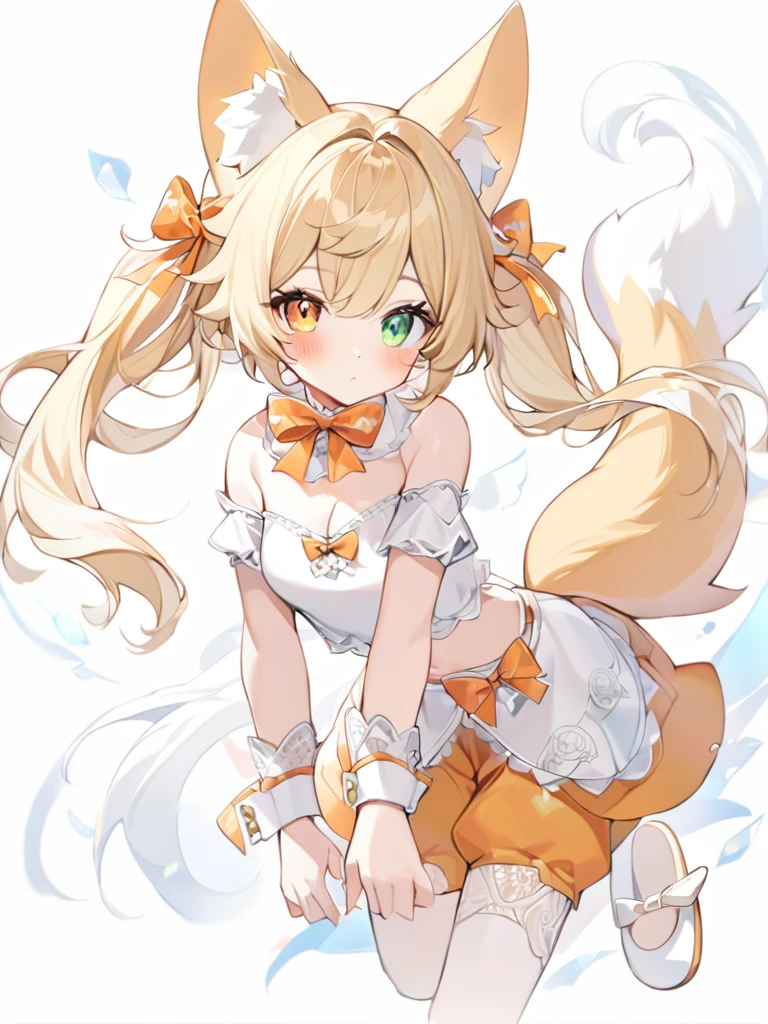 1girl, animal ears, bangs, bare shoulders, blonde hair, blush, bow, breasts, white cleavage, cropped torso, , green eyes, hair ribbon, heterochromia,  stlooking at viewer, , orange bow, orange eyes, orange ribbon, ears like an unearthly animal, fluffy tail, light tail, real tail, ribbon, solo, stuffed animal, stuffed bunny, stuffed toy, twintails, upper body, full-length, white legbands, white shoes with lace and white bows, white background, wrist cuffs, yellow eyes, bloomers, close-up, fair skin frills, lace, midriff, skirt, solo, , white background,shorts, white top with ribbon and lace and trousers,trousers, genshin,white slippers with a bow,All clothes are white, laceAt full height, it stands, в полный рост