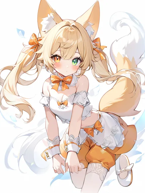 1girl, animal ears, bangs, bare shoulders, blonde hair, blush, bow, breasts, white cleavage, cropped torso, , green eyes, hair r...