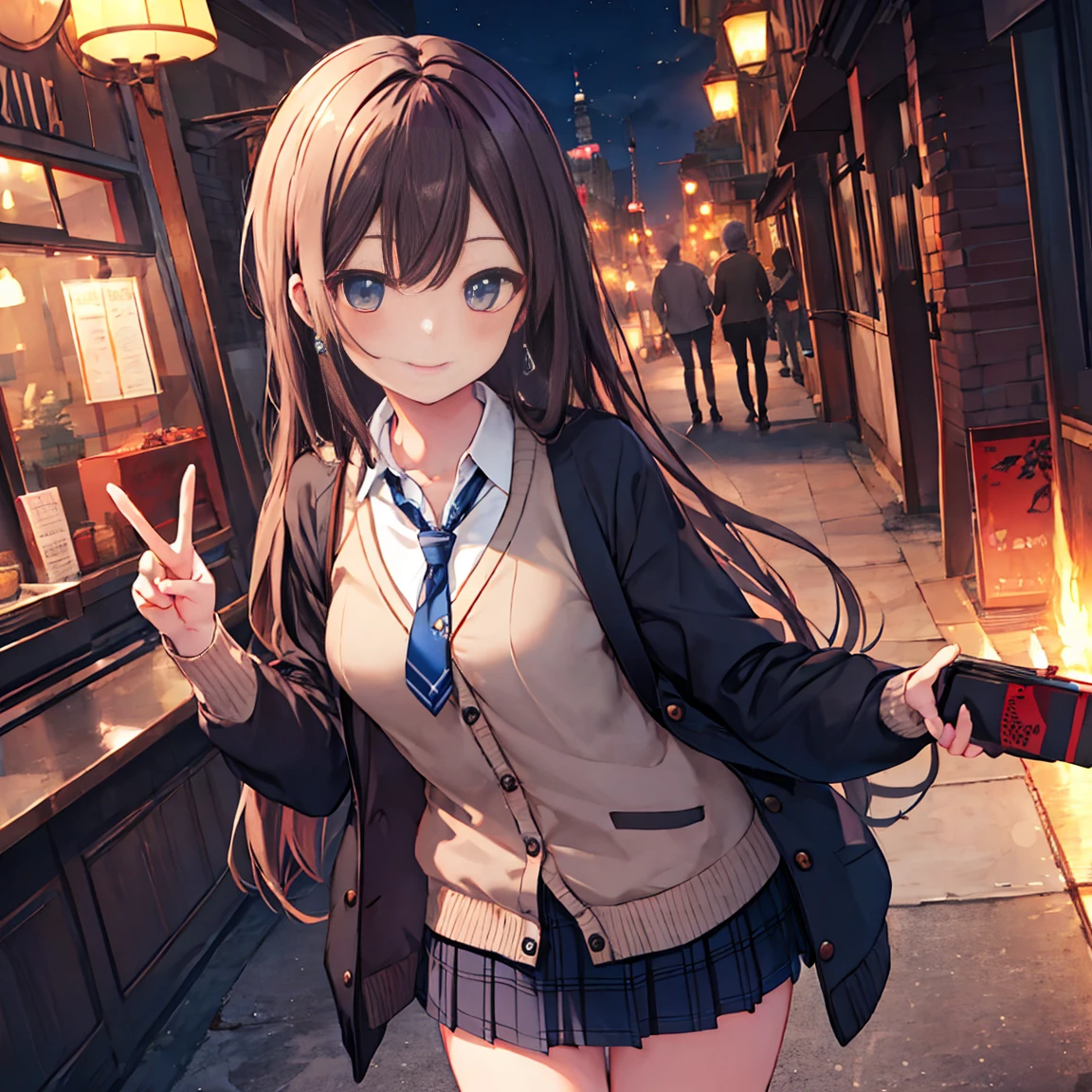 Smile,best Smile,double Peace,cardigan,miniskirt,masterpiece,best quality,ultra detailed,high resolution,extremely detailed CG, (perfect hand),